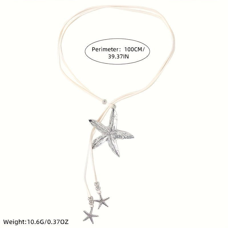 Bohemian Silver Starfish Lariat Necklace with Black Cord