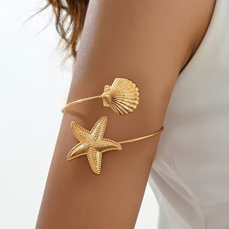 Gold Starfish Seashell Nautical Cuff Bracelet