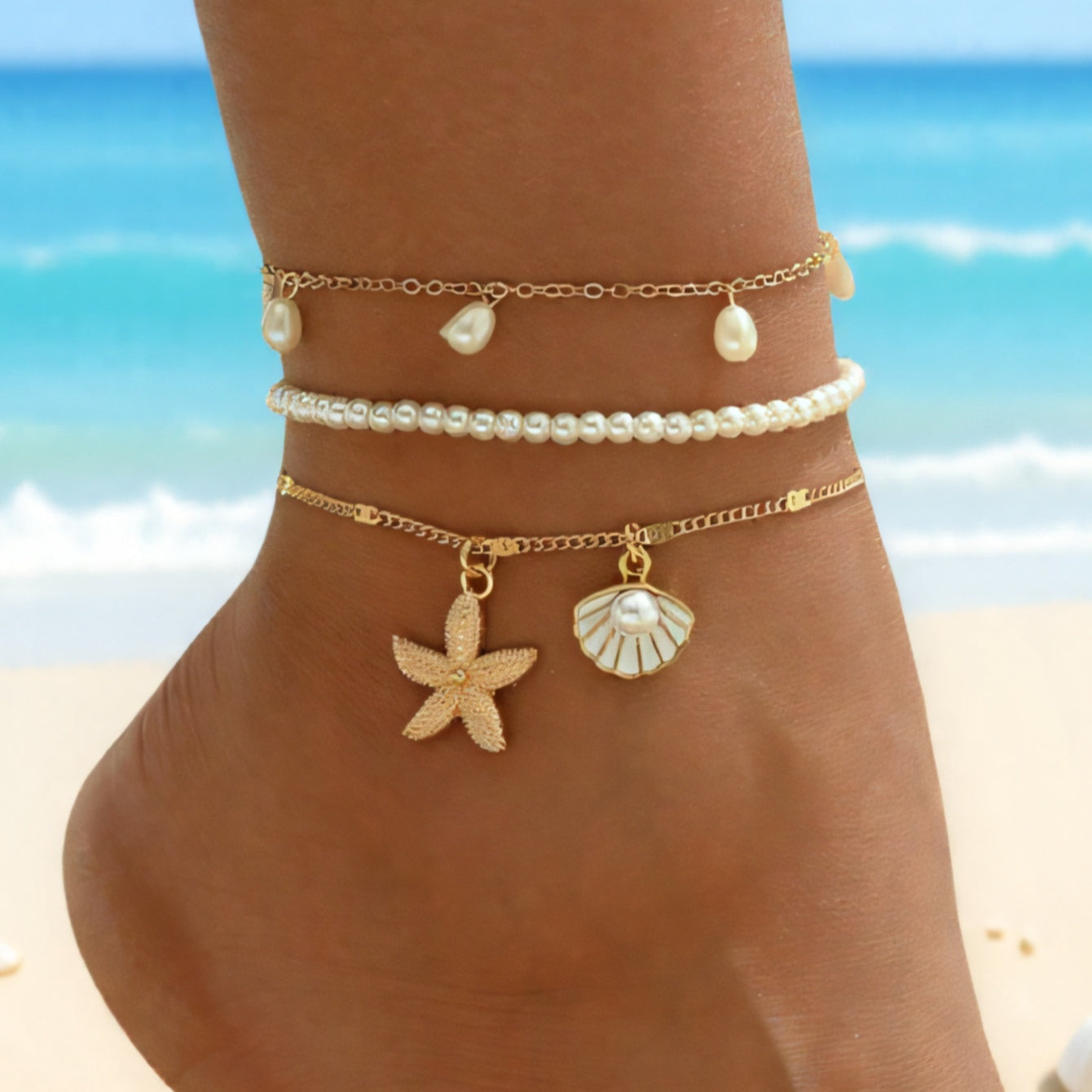 Bohemian Layered Anklets with Pearl & Sea Charms