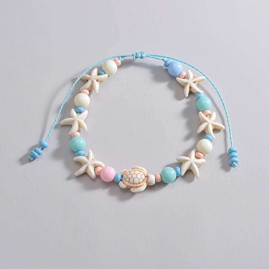 Beach Anklet with Pastel Turtle and Starfish Charms