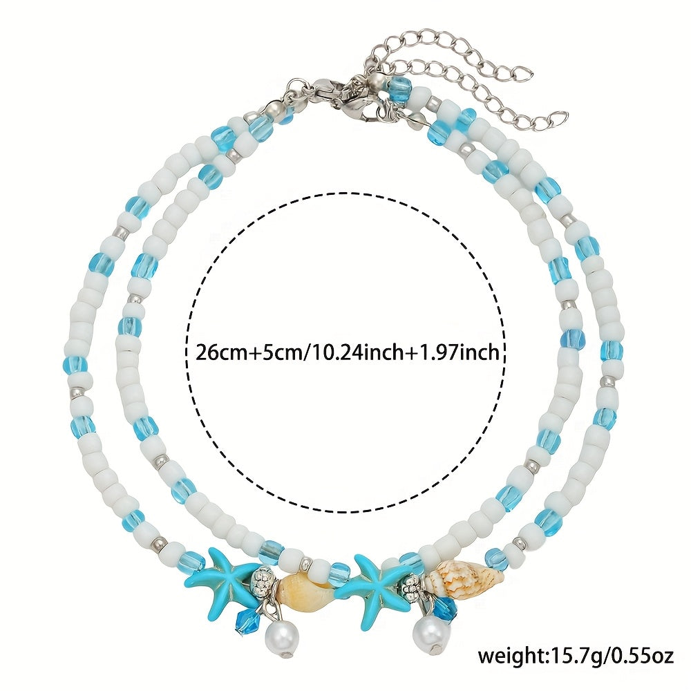 Double Layered Blue White Starfish Shell Anklet