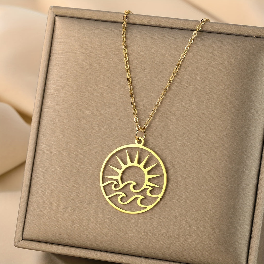 Gold-Tone Sun and Waves Pendant Necklace