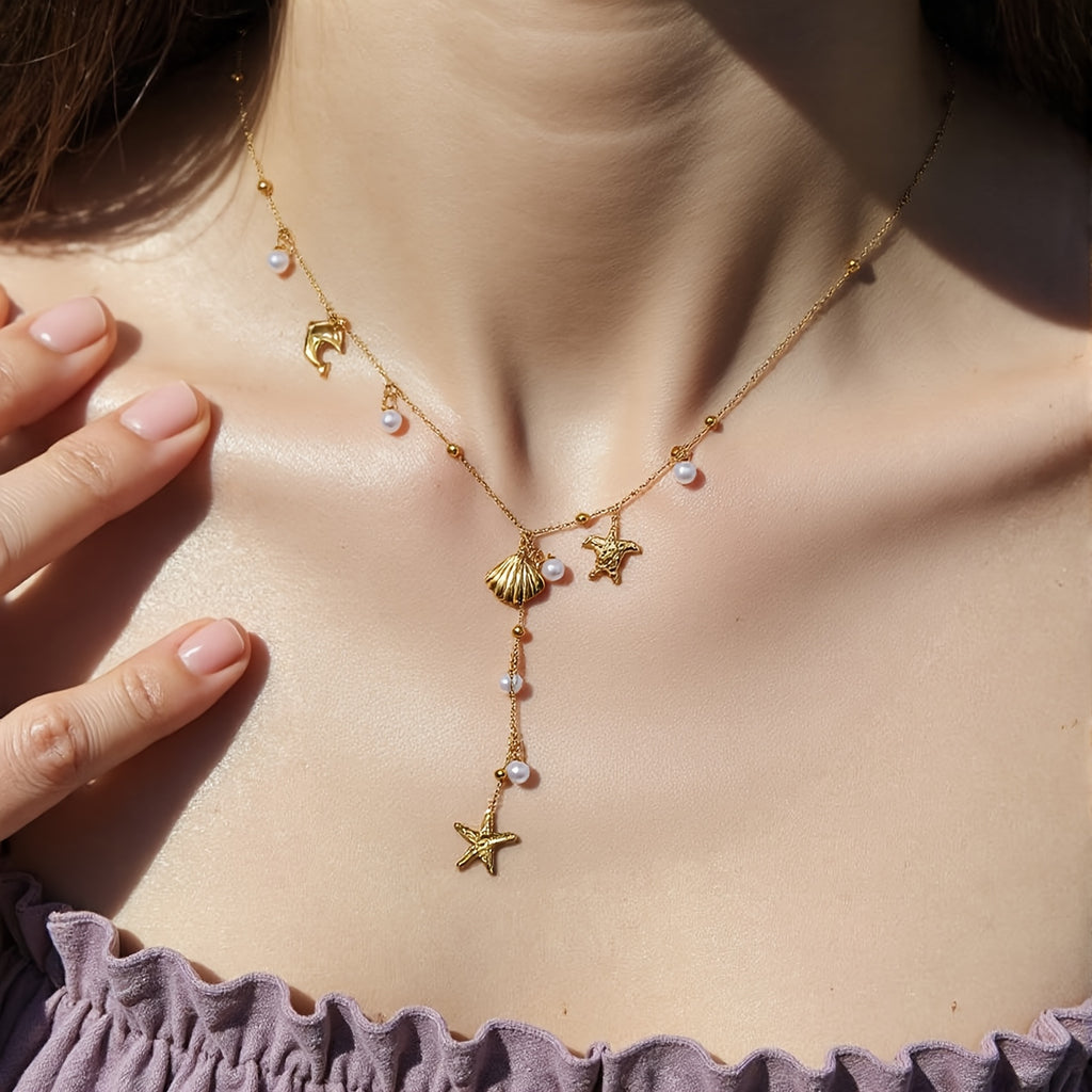Gold-Tone Sea Charm Necklace with Pearl Drops
