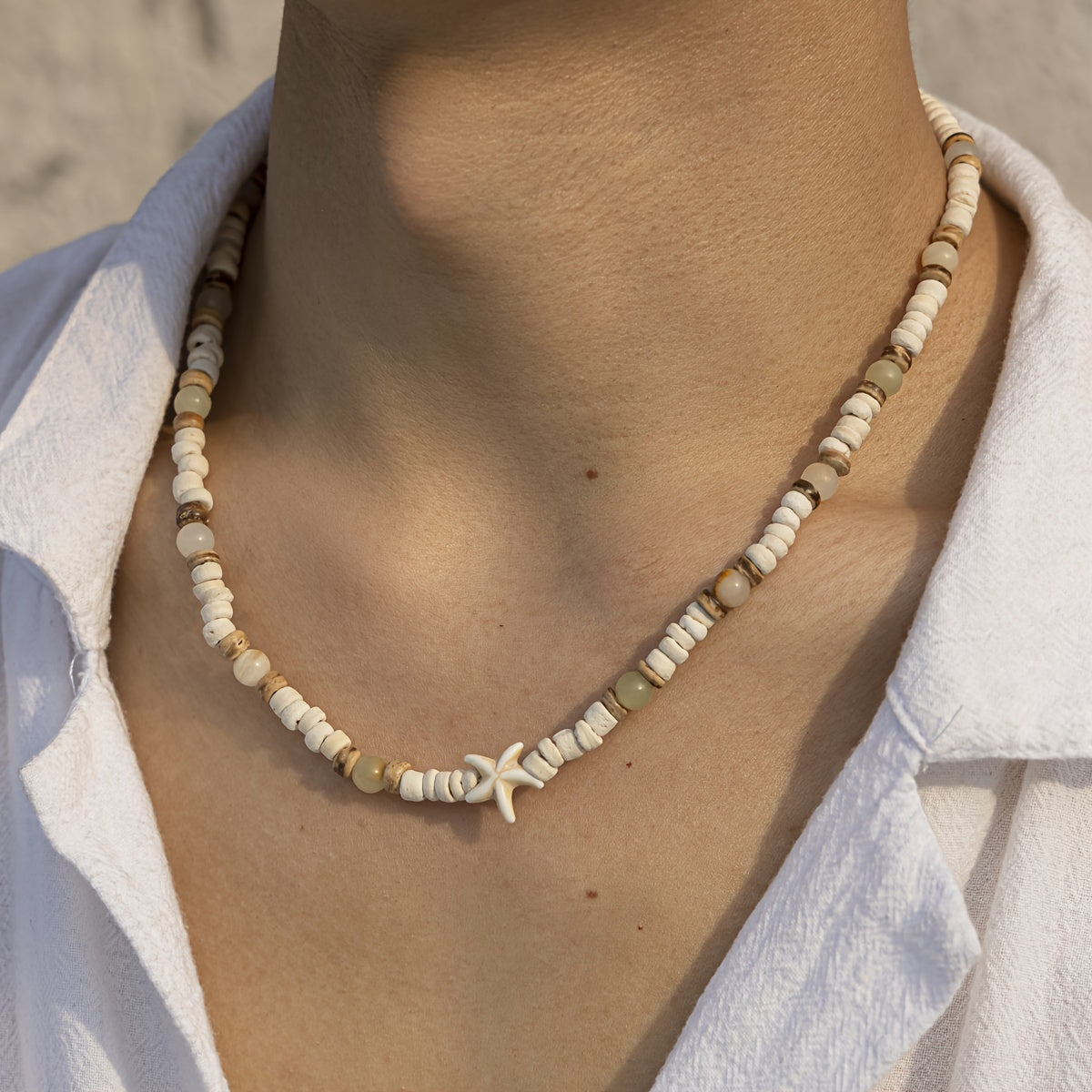 White Shell Starfish Choker with Stone Beads