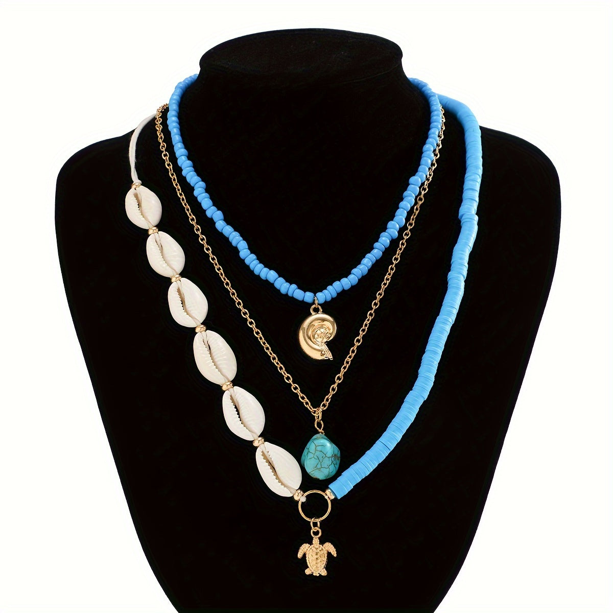 Bohemian Blue Layered Necklace with Cowrie Shells, Turtle