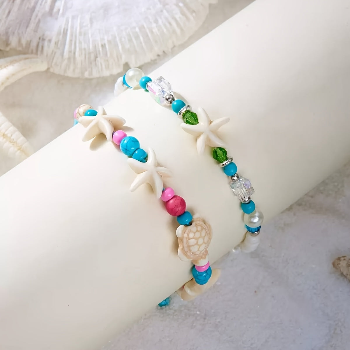 Adjustable Blue Cord Beach Bracelet with Starfish & Turtle
