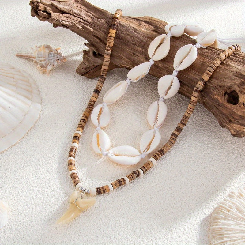 Bohemian Layered Necklace with Shells & Shark Tooth