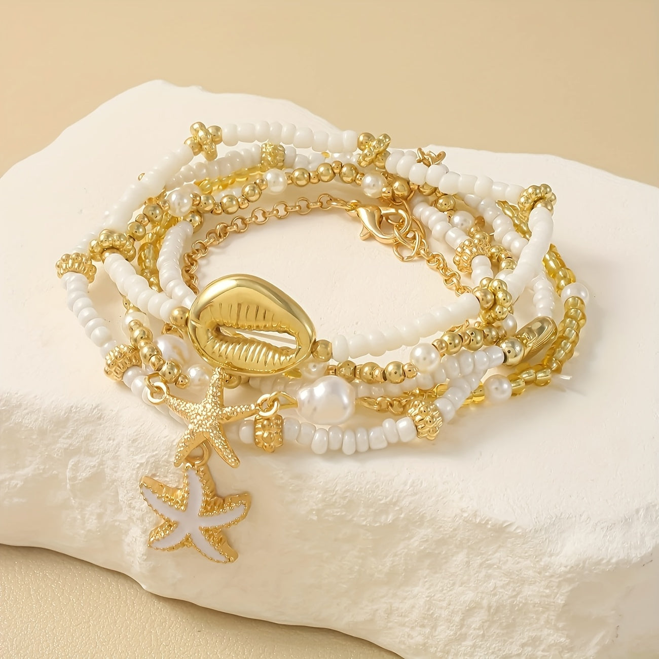 Bohemian Gold & White Beaded Seashell Bracelet Set