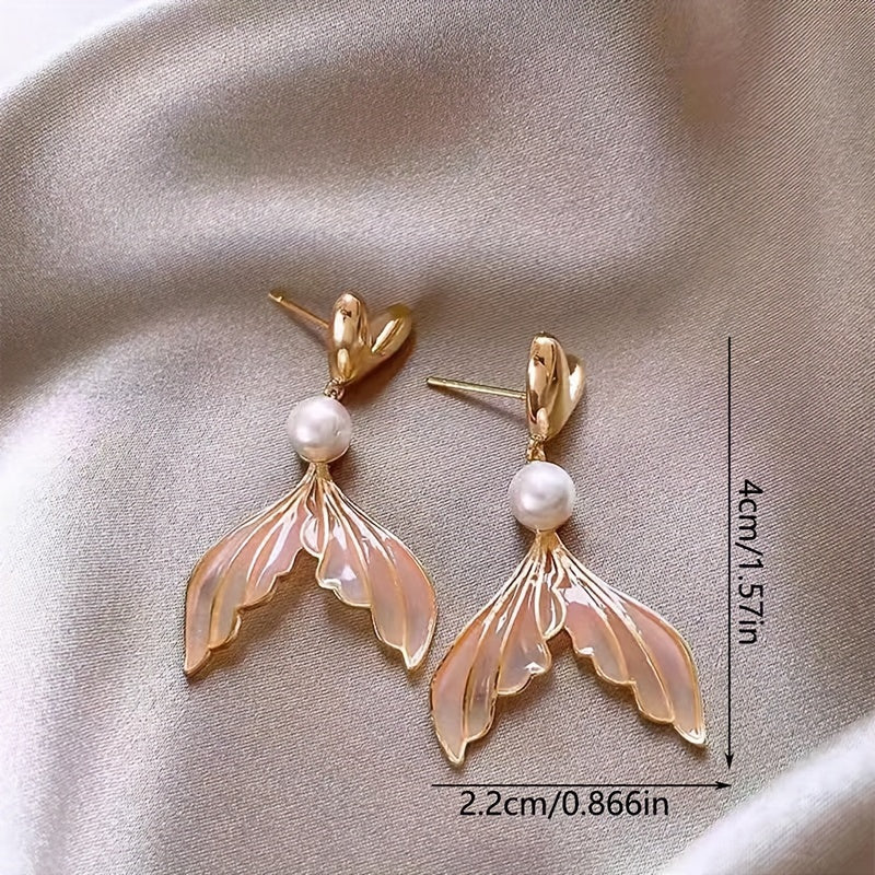 Gold Heart Pearl Gradient Mermaid Tail Drop Earrings