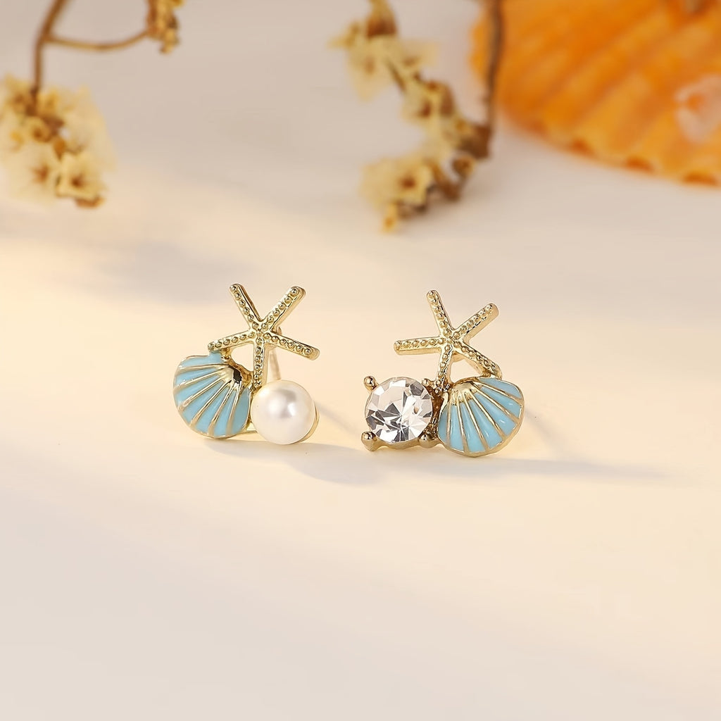 Asymmetric Starfish Shell Earrings with Pearl & CZ