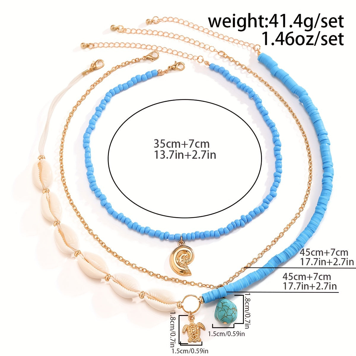 Bohemian Blue Layered Necklace with Cowrie Shells, Turtle