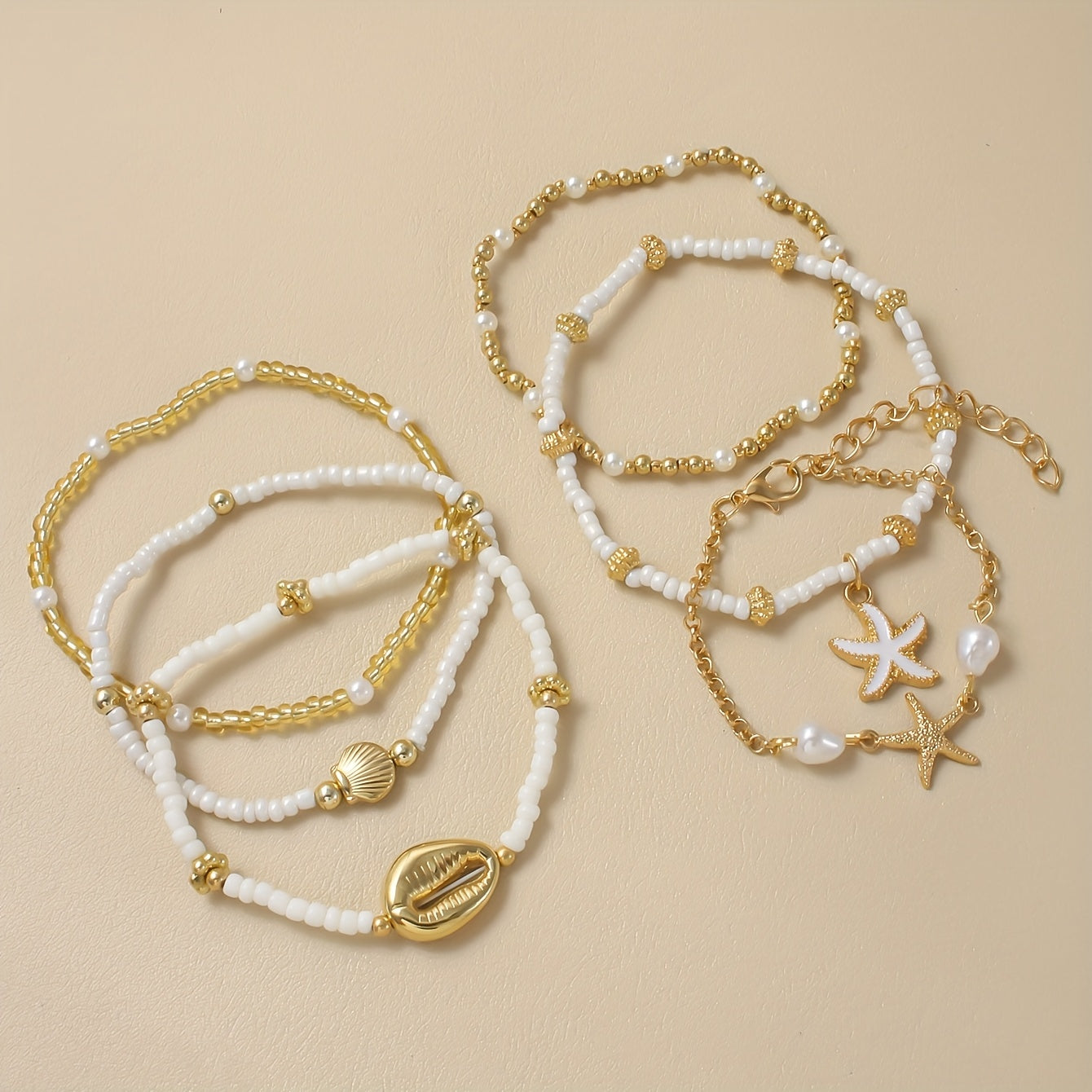 Boho Gold-Tone Beach Bracelets with Shell Charms