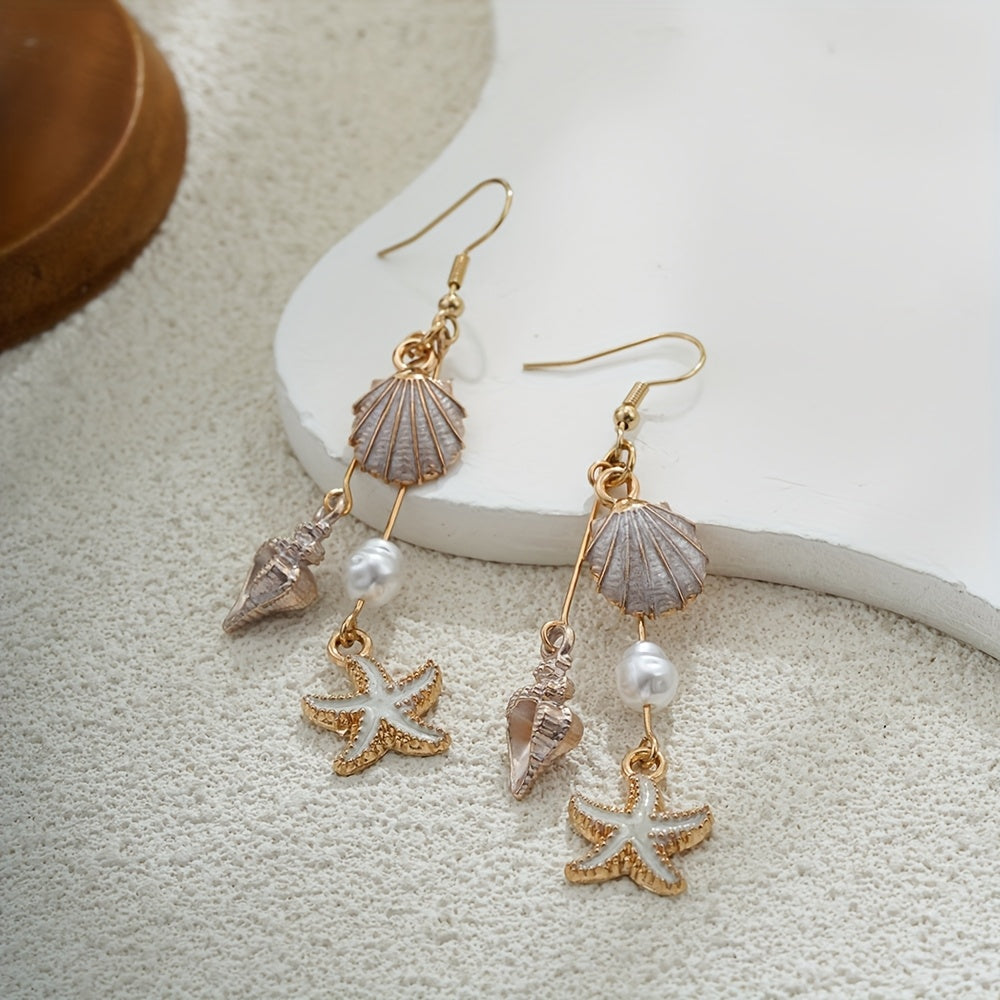 Gold-Tone Enamel Shell Starfish Pearl Drop Earrings