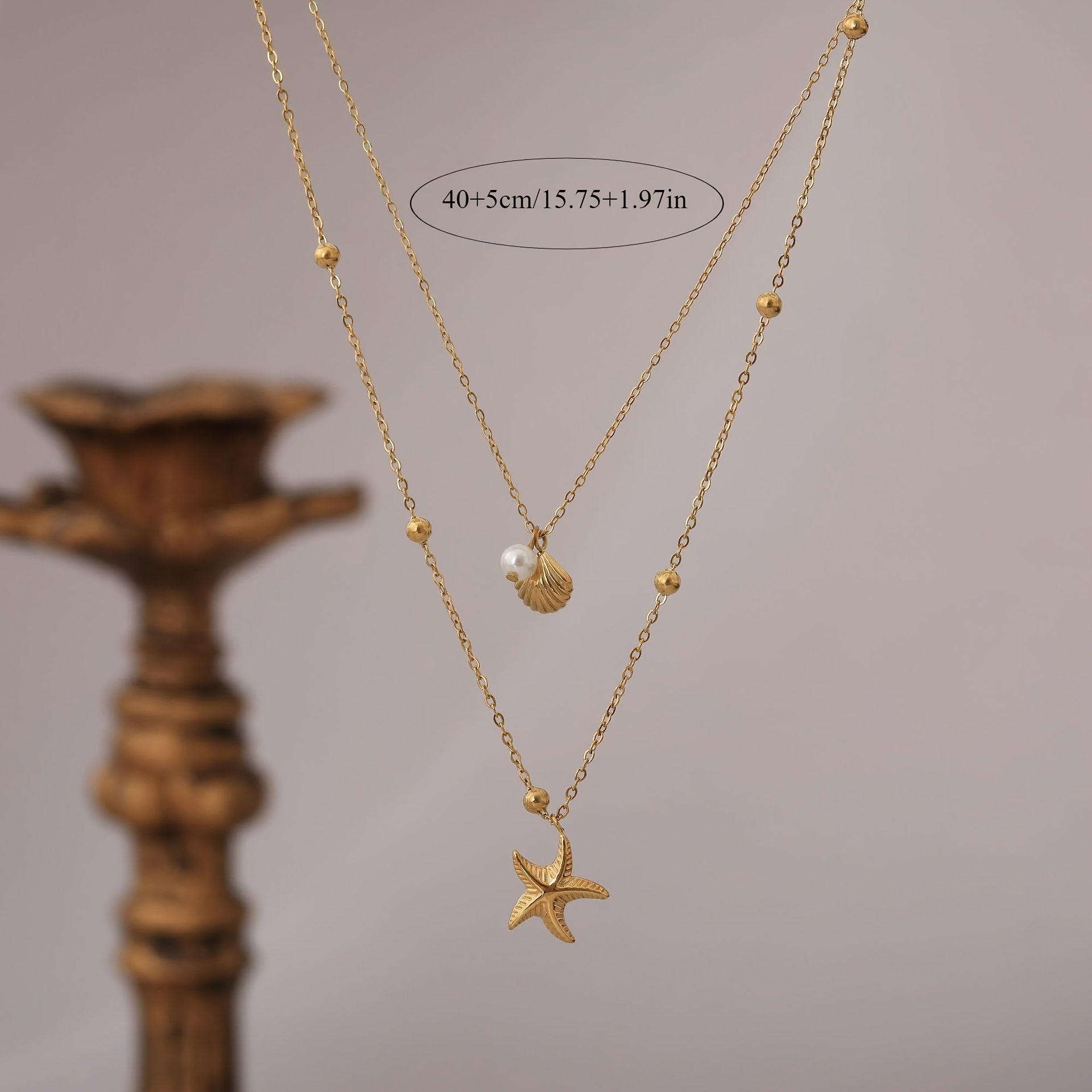 Layered Gold Necklace with Pearl, Seashell & Starfish