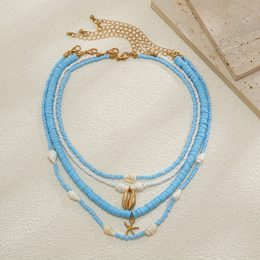 Beachy Blue Layered Necklace with Seashells & Starfish