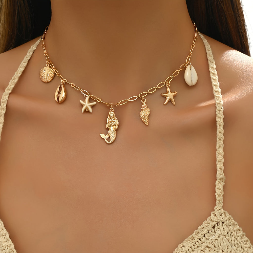 Bohemian Gold Tone Shell & Mermaid Necklace