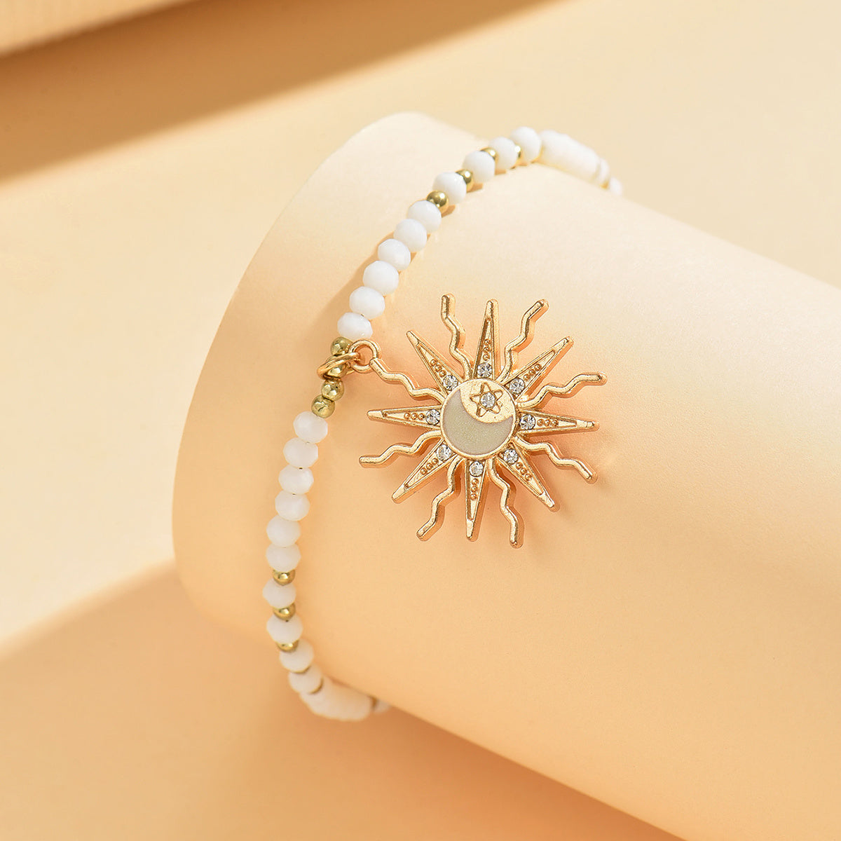 Black Beaded Anklet with Gold Sun Moon Charm