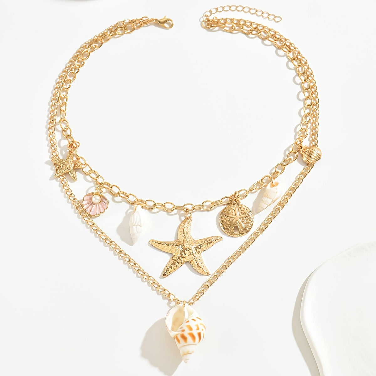 Bohemian Gold Layered Necklace with Seashells and Starfish