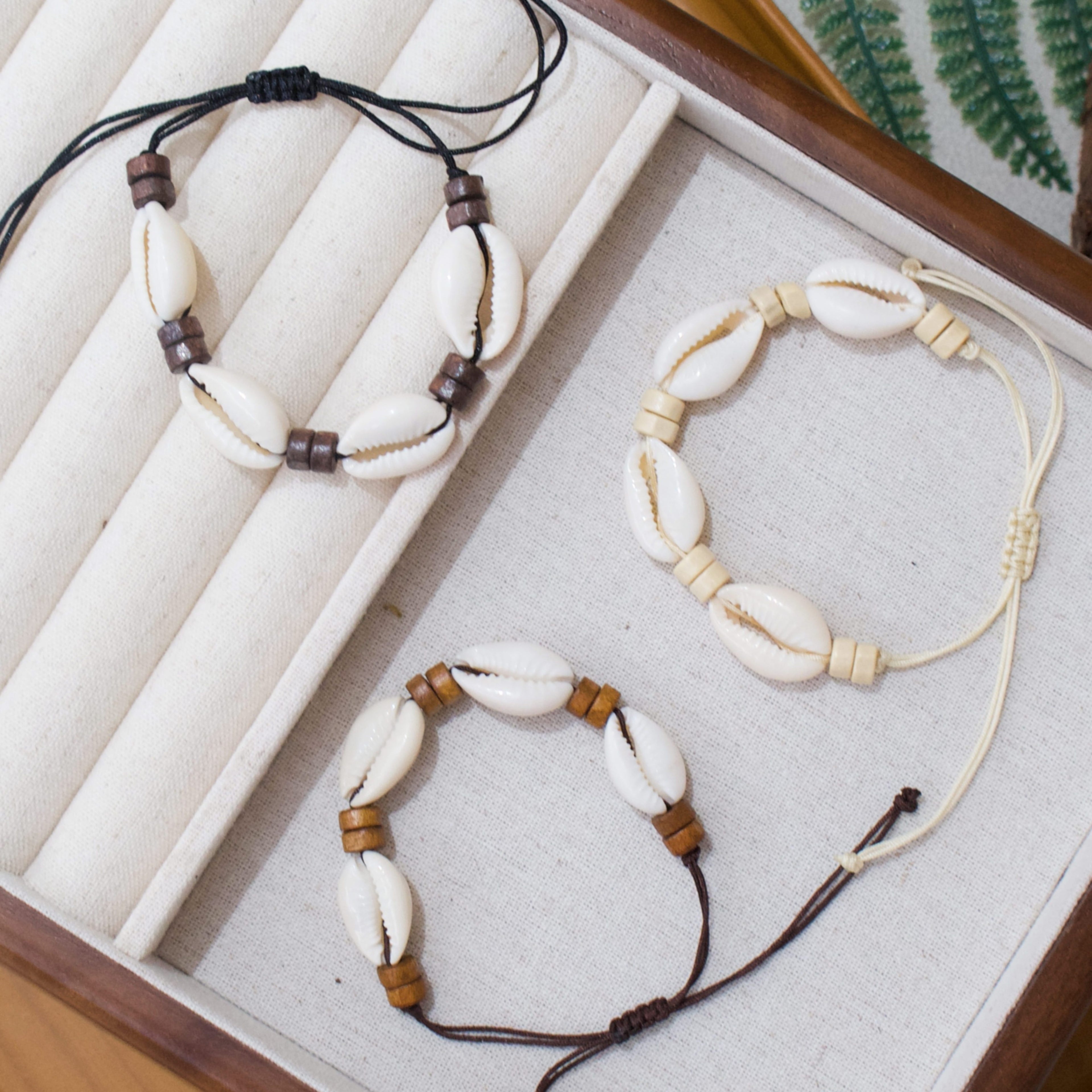 Adjustable Cowrie Shell Bracelets with Wood Beads