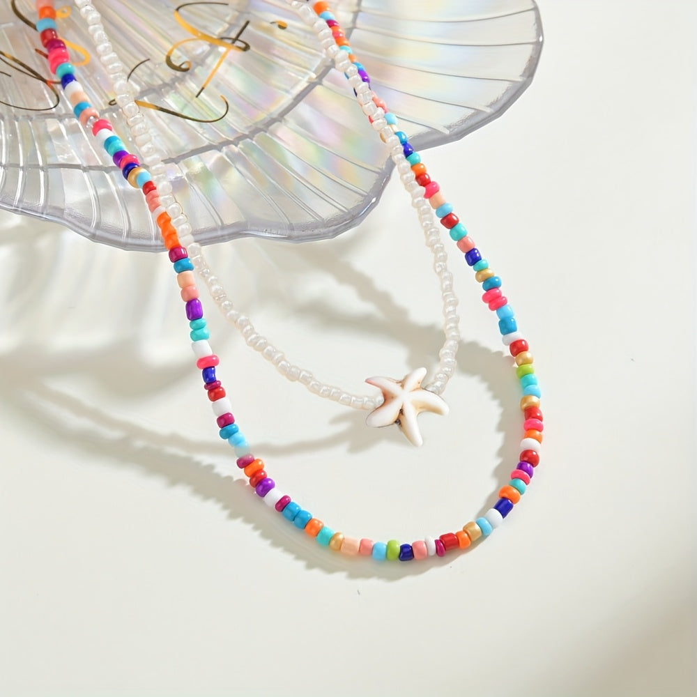 White Beaded Layered Choker with Starfish Charms