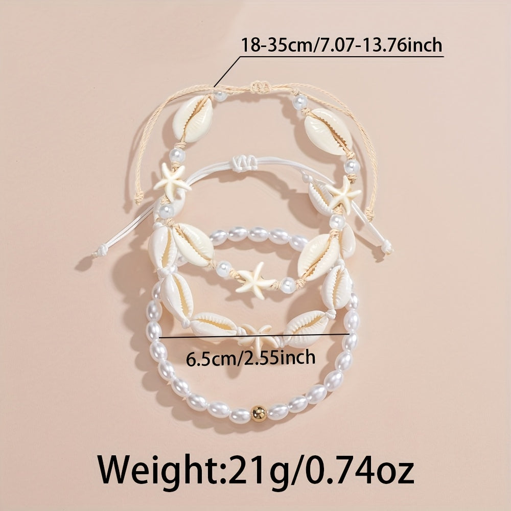 Bohemian Layered White Shell and Pearl Anklets