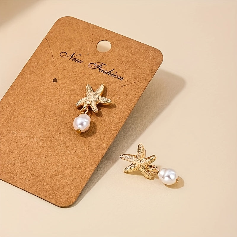 Gold Starfish Pearl Drop Dangle Earrings
