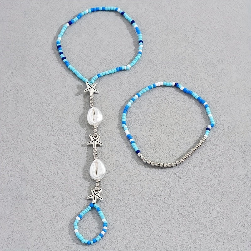Bohemian Blue Beaded Starfish Cowrie Shell Anklet