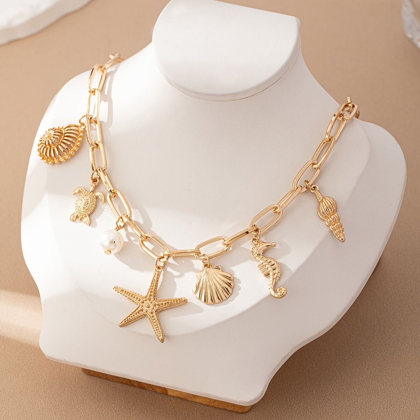 Gold-Tone Sea Life Charm Necklace in Zinc Alloy