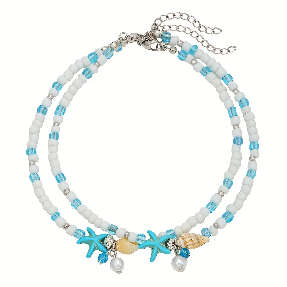 Double Layered Blue White Starfish Shell Anklet