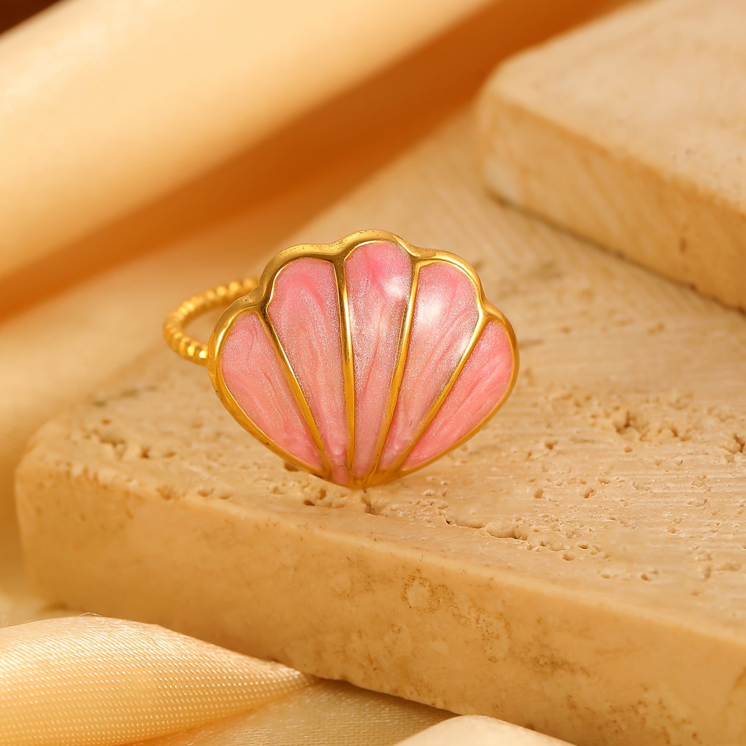 Colorful Enamel Seashell Gold Tone Open Ring