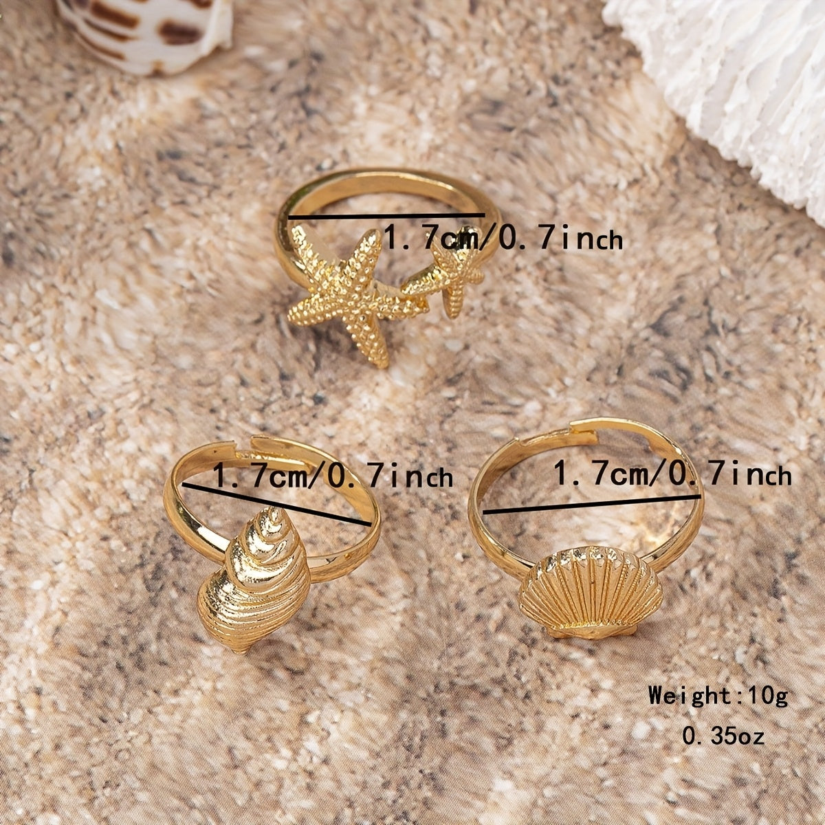 Gold Ocean-Themed Rings with Starfish and Shells