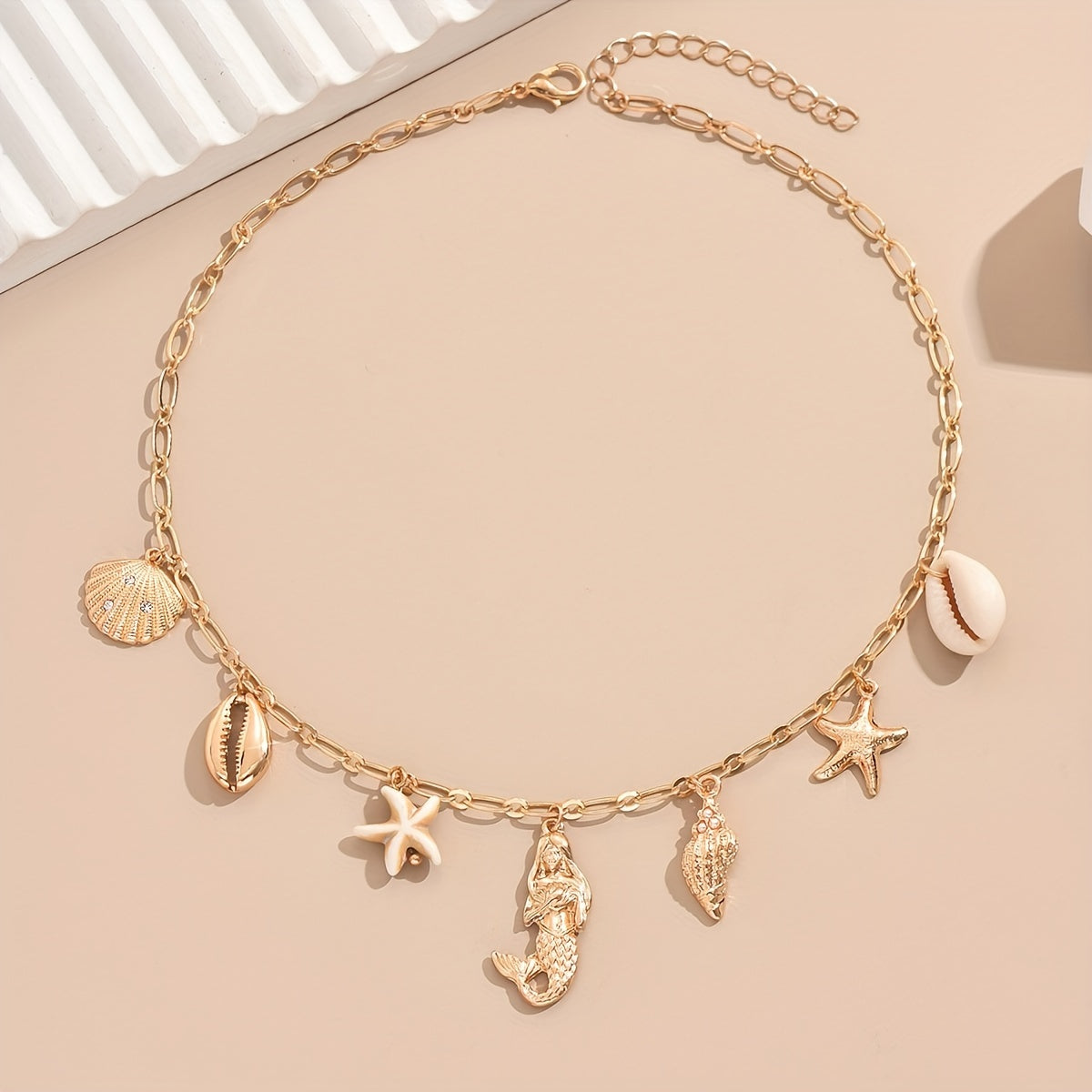 Bohemian Gold Tone Shell & Mermaid Necklace