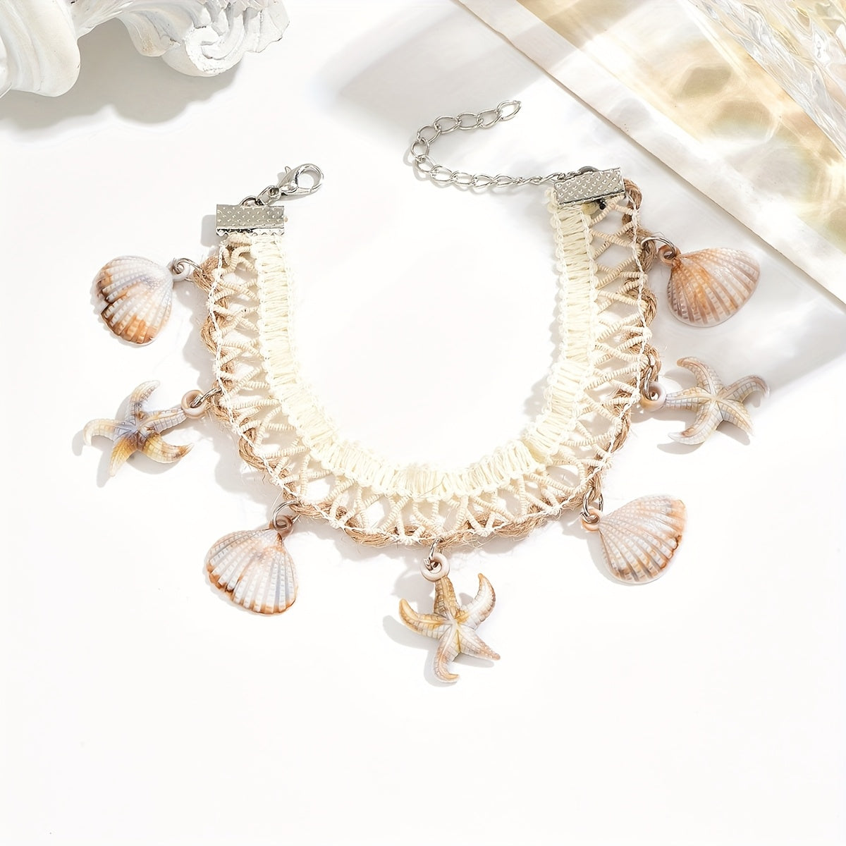 Bohemian White Crochet Anklet with Starfish Shells