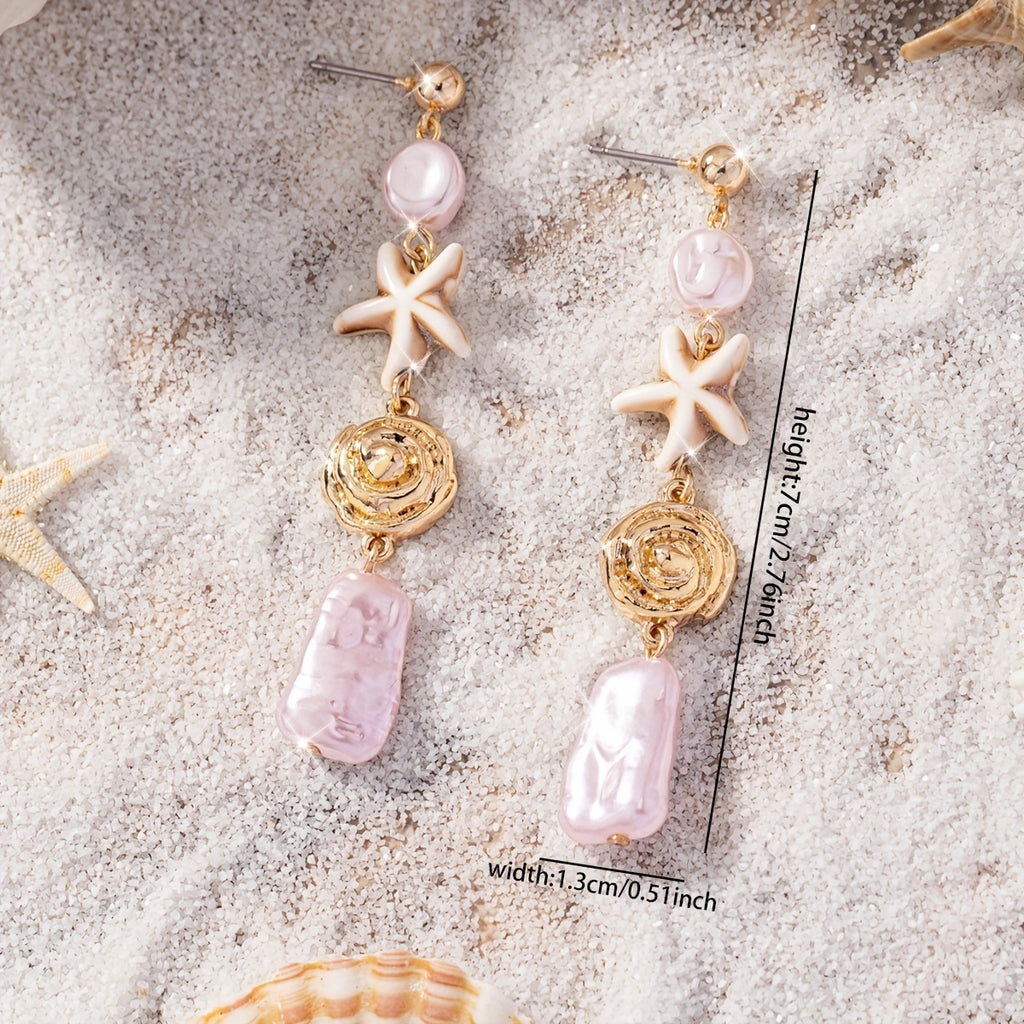 Bohemian Gold Starfish Drop Earrings with Pink Pearls