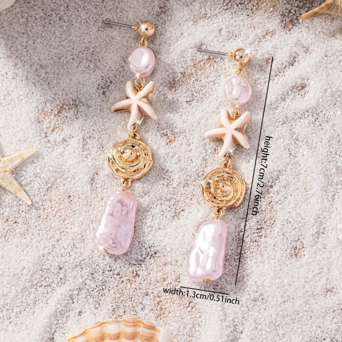 Bohemian Gold Starfish Drop Earrings with Pink Pearls
