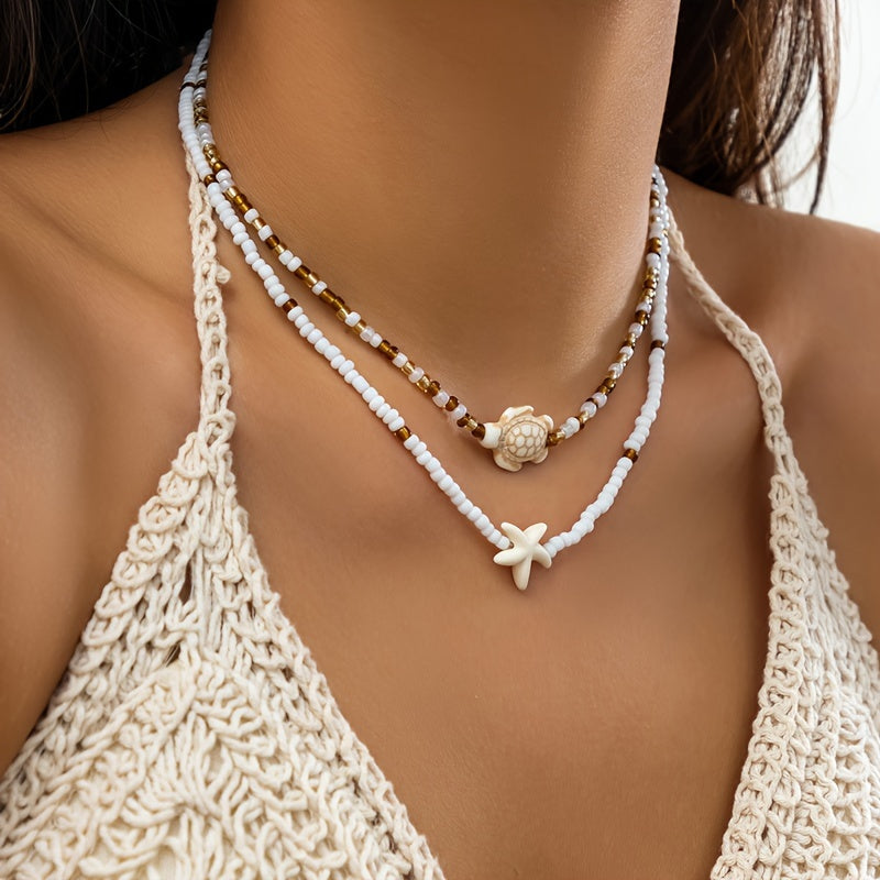 Layered White Seed Bead Necklace with Turtle Starfish