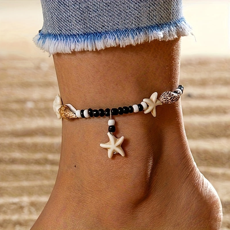 Bohemian Starfish and Seashell Beaded Anklet
