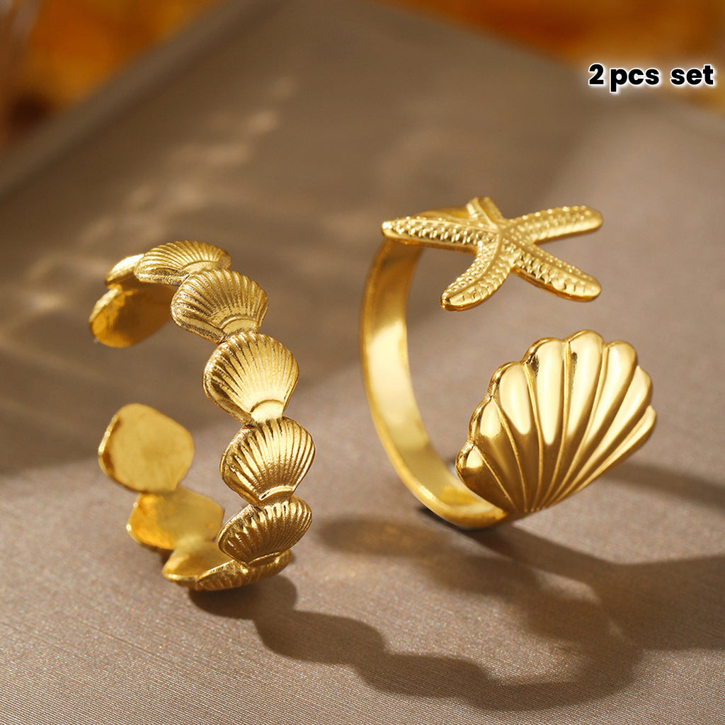 Gold Adjustable Starfish and Shell Ring Set