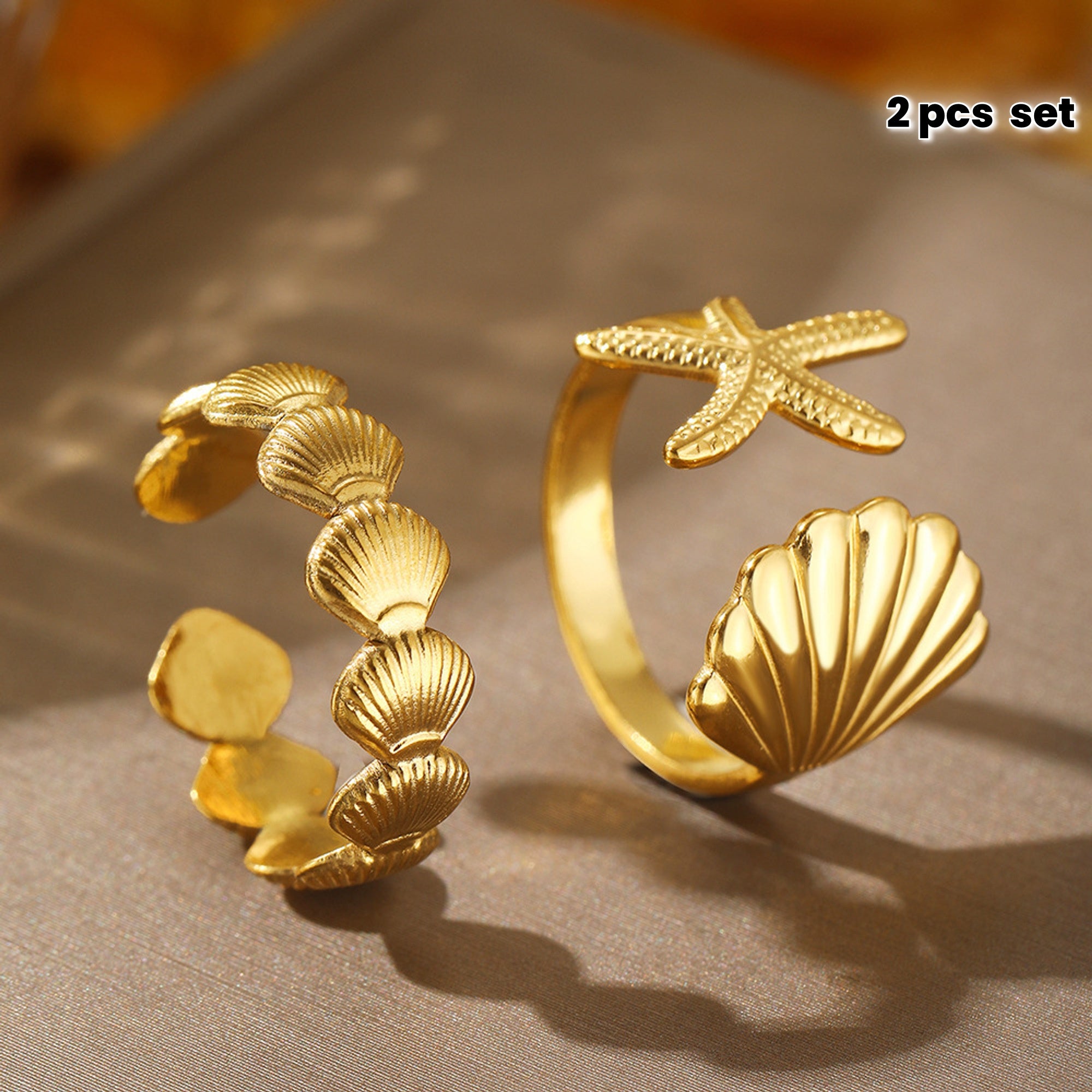 Gold Adjustable Starfish and Shell Ring Set