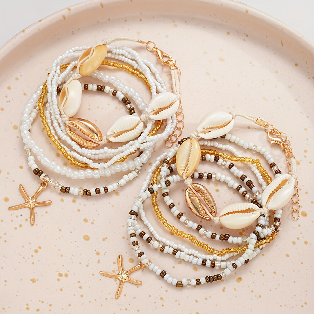 Beachy Cowrie Shell & Starfish Anklet Bracelet Set