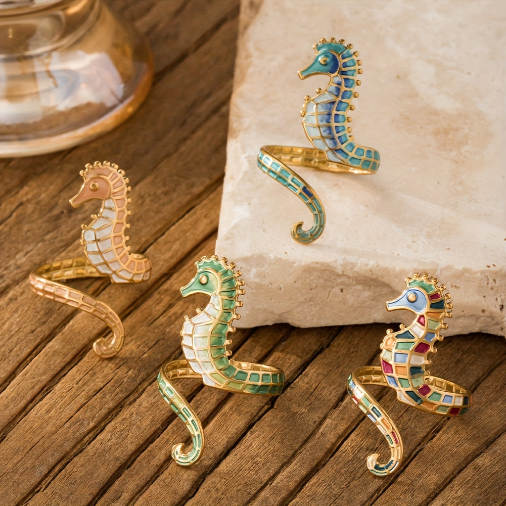 Gold-Tone Seahorse Wrap Ring with Blue Enamel