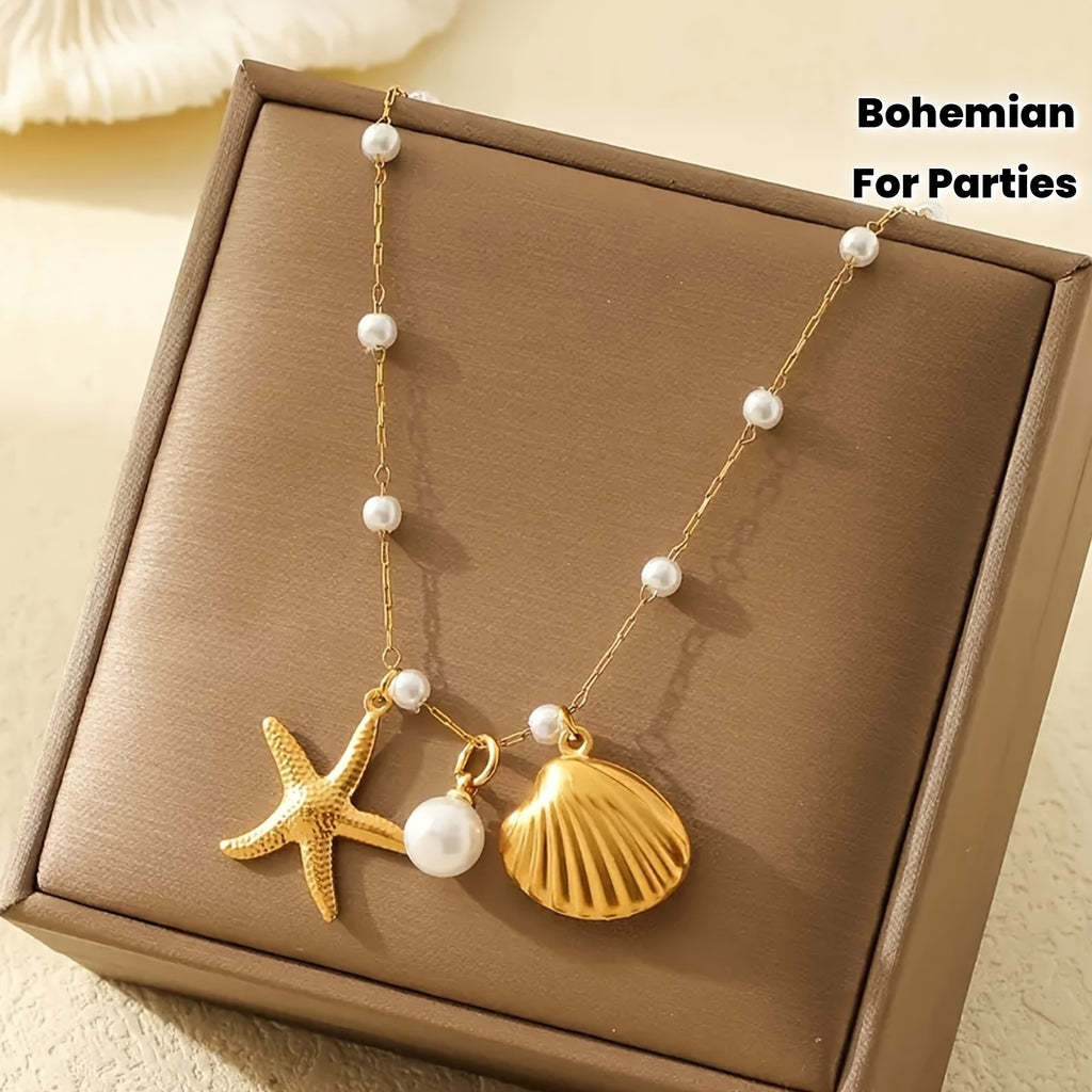 Bohemian Gold Charm Necklace with Starfish & Pearls