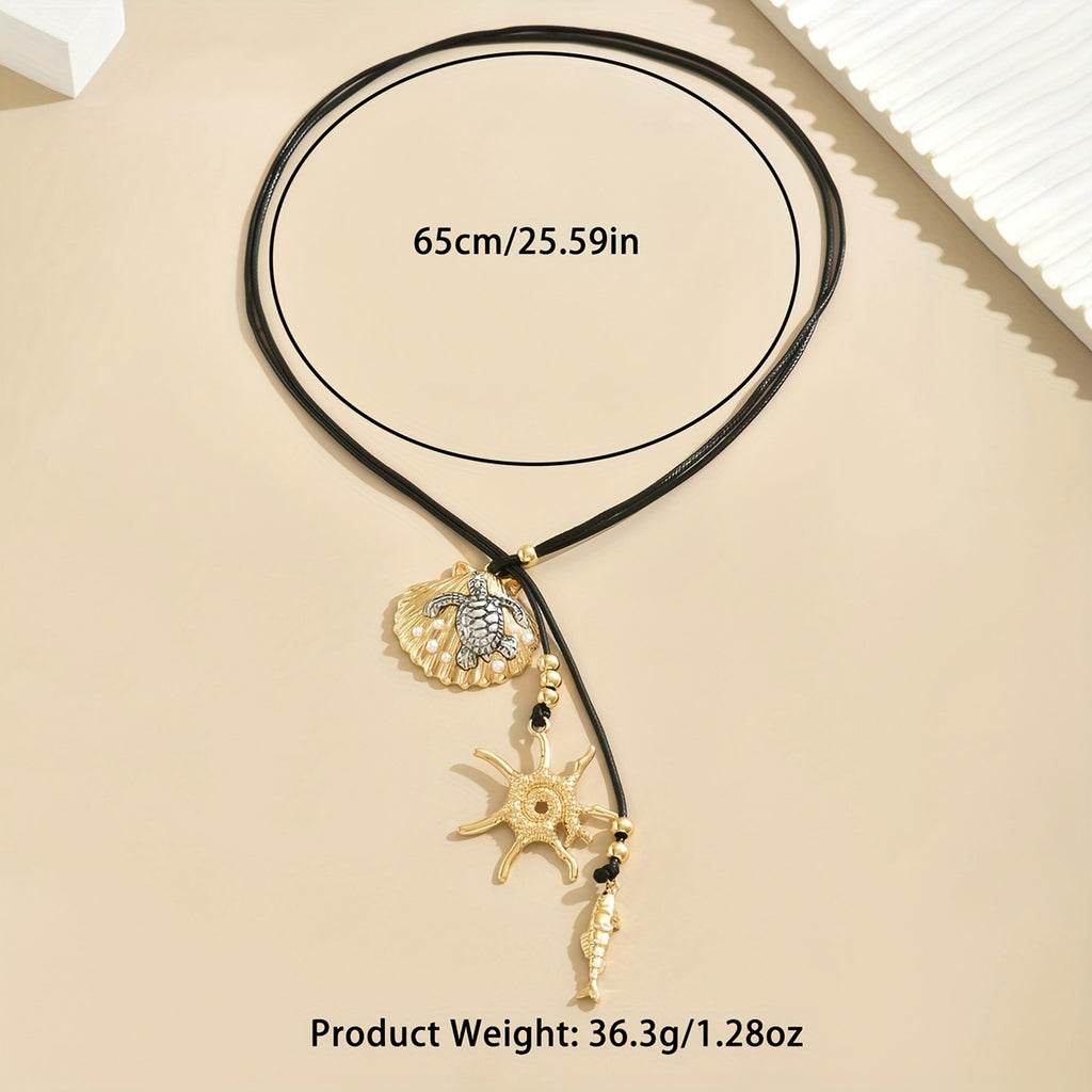 Adjustable Black Cord Lariat Necklace with Gold Ocean Charms