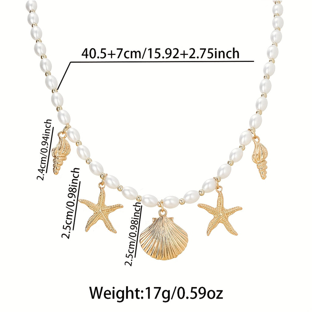 Beachy Faux Pearl Choker with Gold Sea Charms