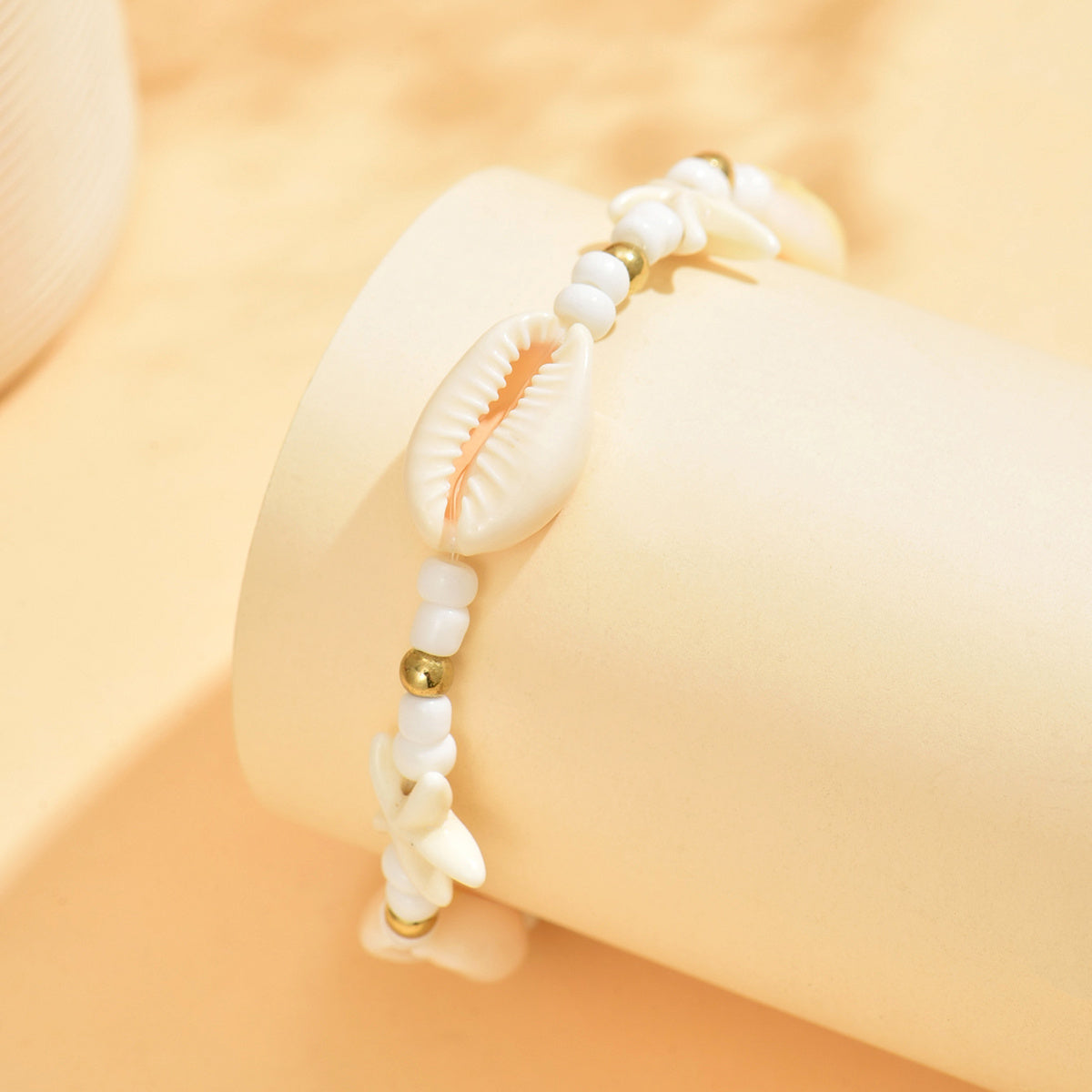 Boho White Beaded Bracelet with Shells and Starfish