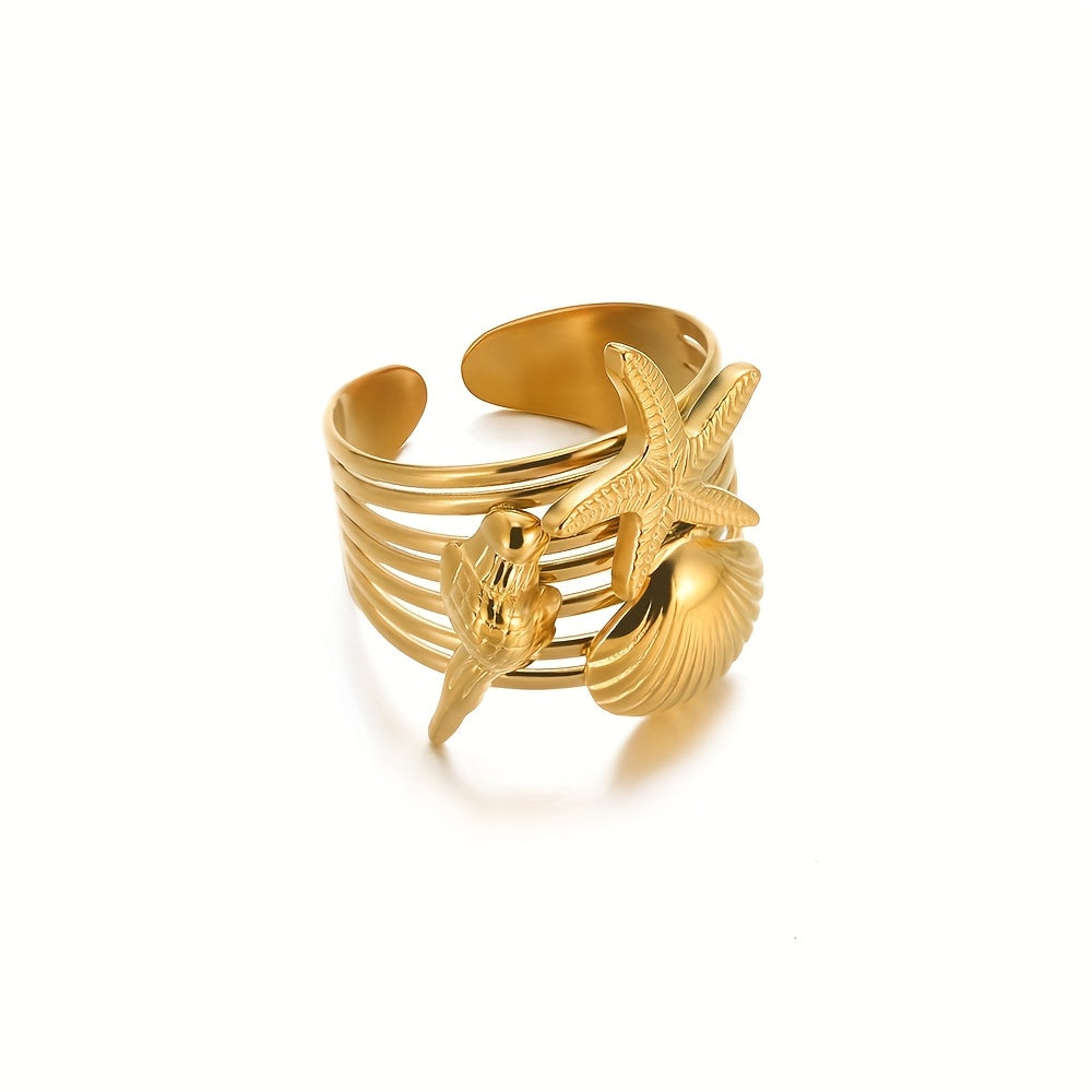Gold-Tone Wide Band Seashell Starfish Ring