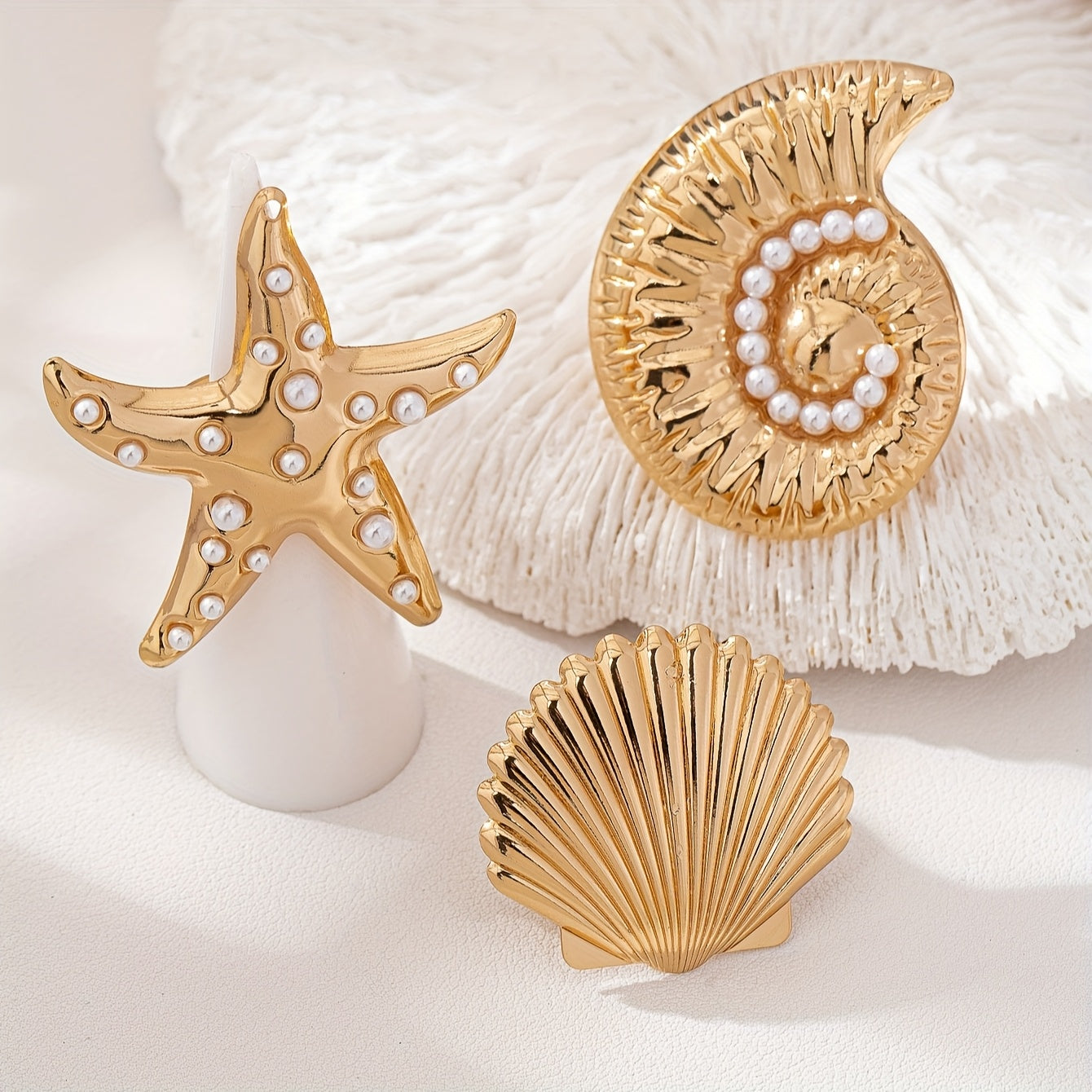 Gold Tone Marine Life Statement Rings Set with Pearls