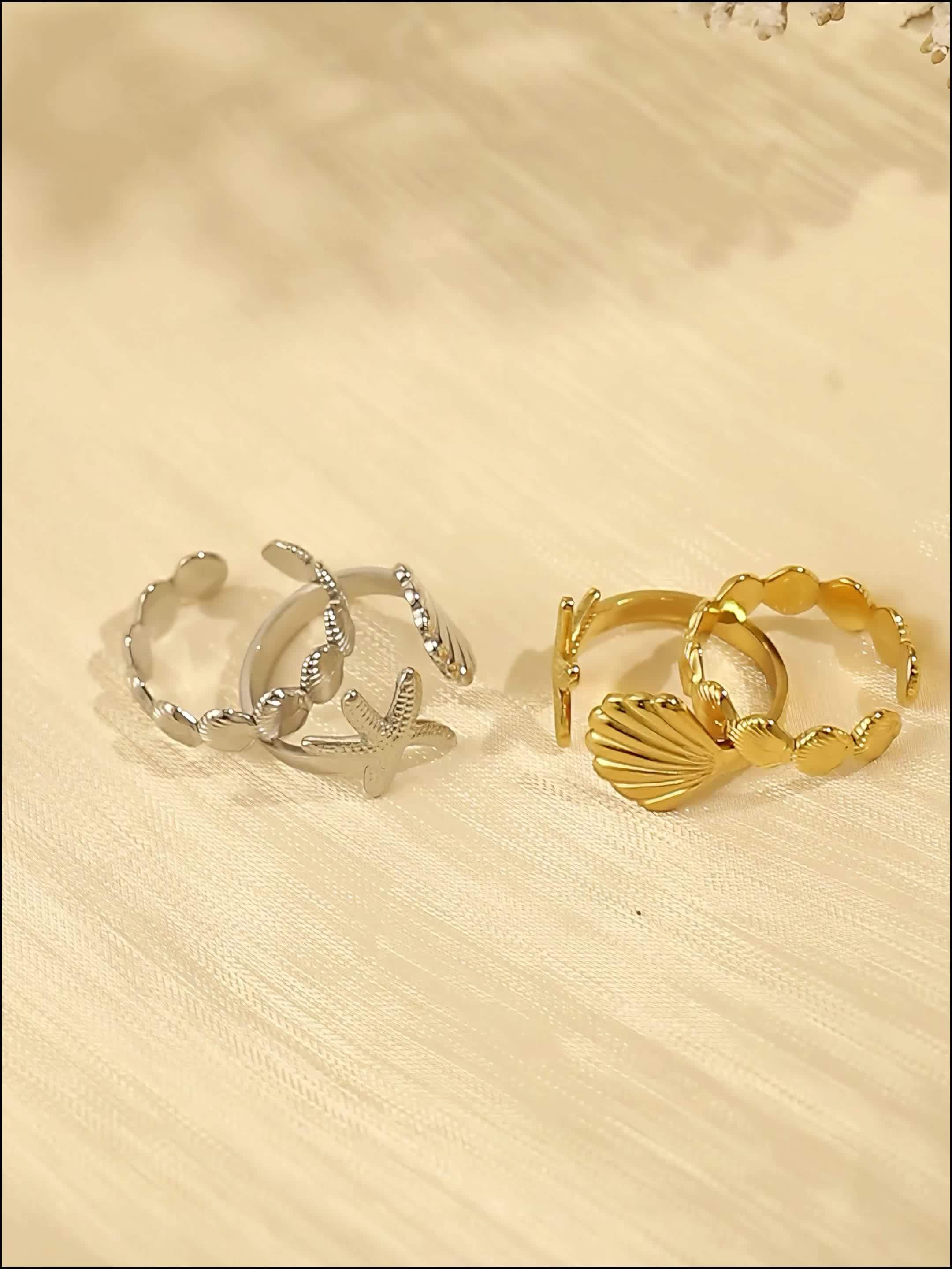 Gold Adjustable Starfish and Shell Ring Set