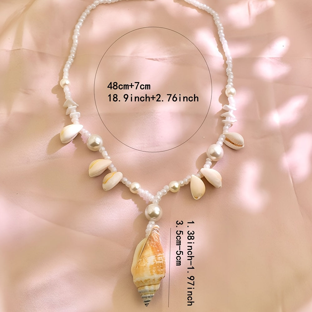 Bohemian Pearl and Shell Necklace with Conch Pendant