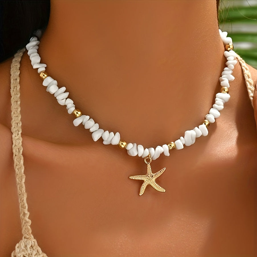 Bohemian White Beaded Choker with Starfish Charm